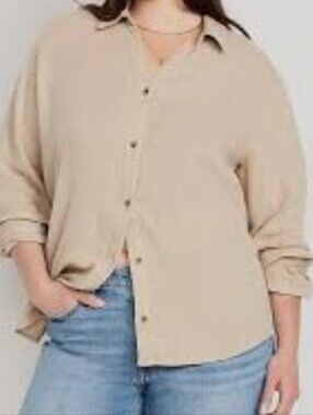Old Navy Crinkle Gauze Cotton Tan Button Down Boyfriend Lightweight Shirt XXL T